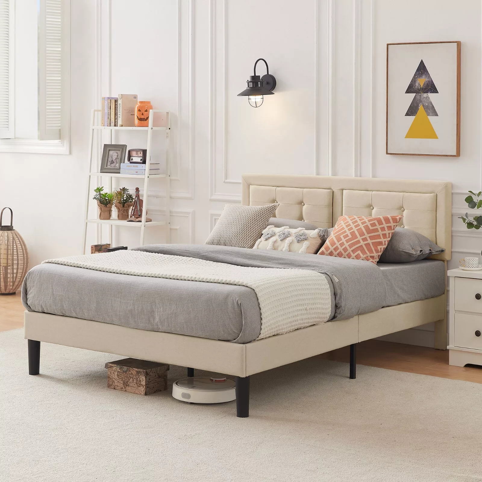 Bed Frame Button Tufted Queen Upholstered Slat Sup